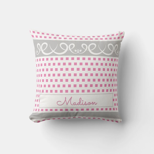 Coussin Fille mignonne Votre Nom Pink & Grey Fils & Carré (Recto)