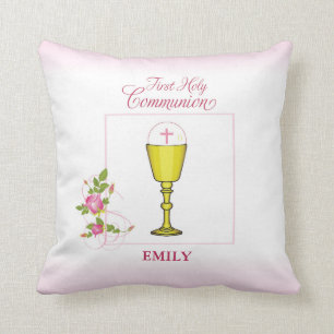 Coussin Fille Rose Première Communion, Calice, Hostie, Ros
