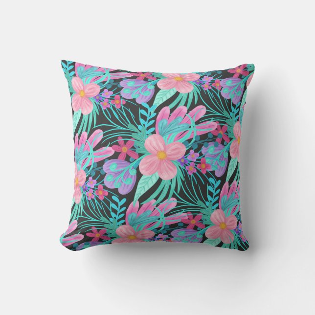 Coussin Fille rose violet Turquoise Aquarelle Fleurs Feuil (Recto)