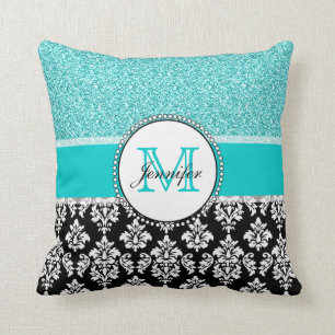 Coussin Fille, Turquoise, Parties scintillant, Damas noirs