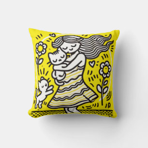 Coussin "Fille Whimsical avec Kitten