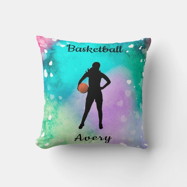 Coussin Filles Basketball Aquarelle avec Coeurs flottants (Recto)