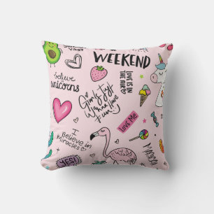 Coussin Filles concept amusant avec licorne, flamingo, cac