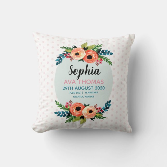 Coussin Filles Élégante et mignonne Floral Naissance Stati (Recto)