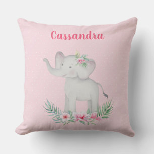 Coussin Filles mignonnes Gris Eléphant rose Fleurs Pois