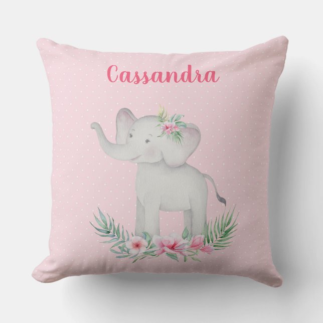 Coussin Filles mignonnes Gris Eléphant rose Fleurs Pois (Recto)