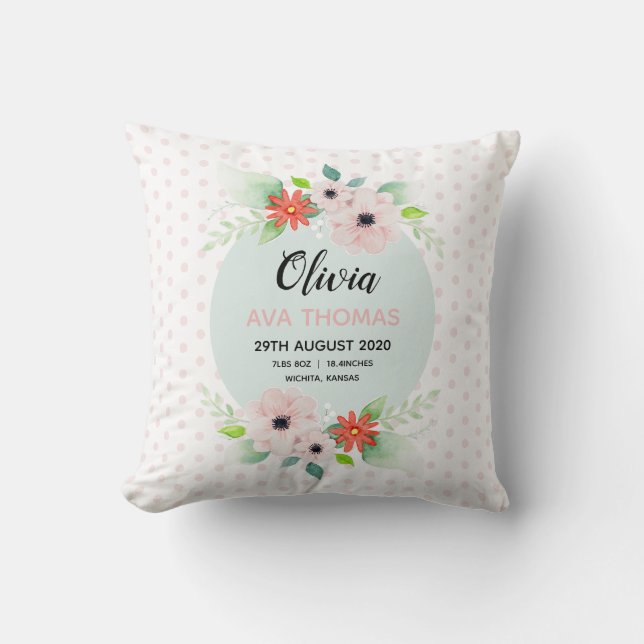 Coussin Filles mignonnes rose Floral Naissance Statistique (Recto)