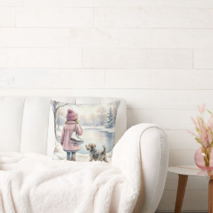 Coussin Fillette à l'aquarelle avec patins à glace et chie