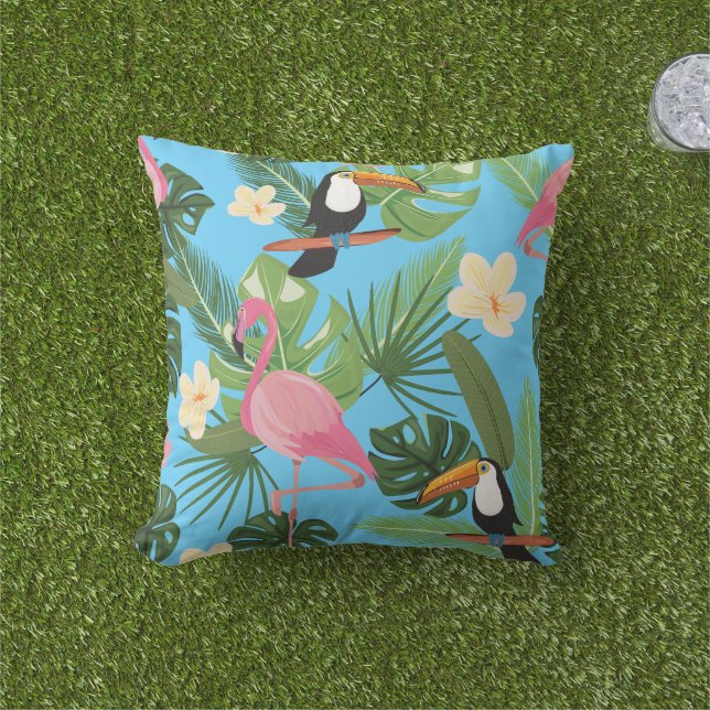 Coussin Flamant rose à feuilles florales tropicales Toucan (Herbe)