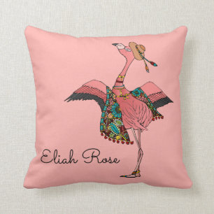 Coussin Flamant rose de Bohème poussiéreux mignon et nom