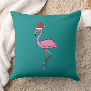Coussin Flamant rose de Noël avec Santa Hat
