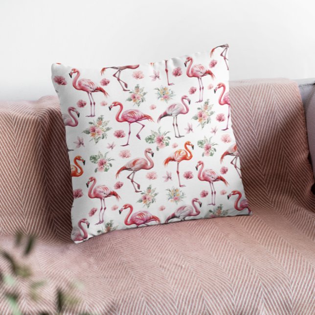 Coussin Flamant Rose Floral Aquarelle  (Créateur téléchargé)