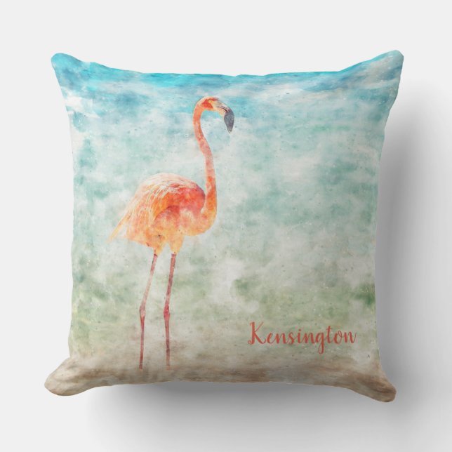 Coussin Flamant rose rose aquarelle personnalisé | Plage t (Recto)
