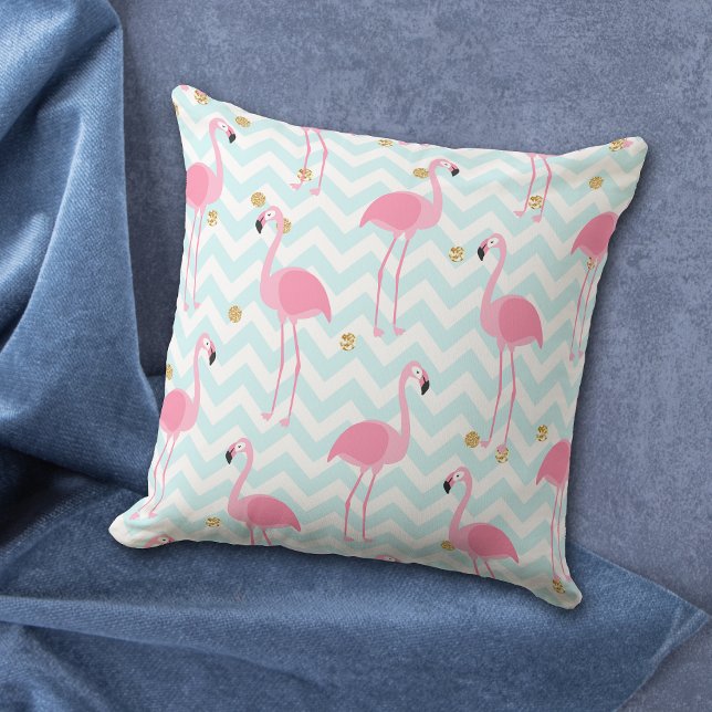 Coussin Flamant rose rose Bleu Chevron Motif en bande (Créateur téléchargé)