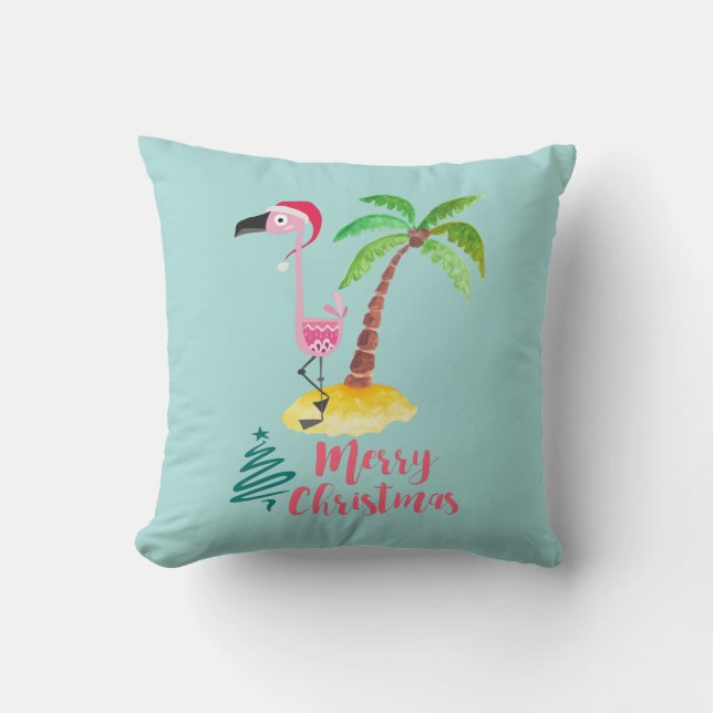 Coussin Flamant rose Rose Dans Un Chapeau De Père Noël Par (Recto)