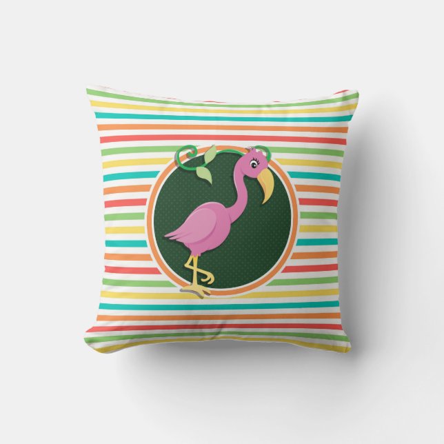 Coussin Flamant rose rose sur rayures arc-en-ciel lumineus (Recto)