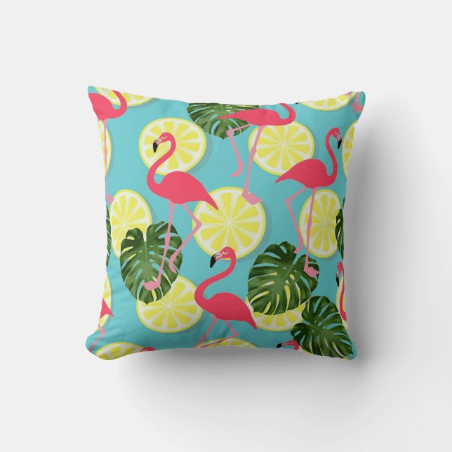 Coussin Flamant rose rose tranche citron feuille tropicale (Recto)
