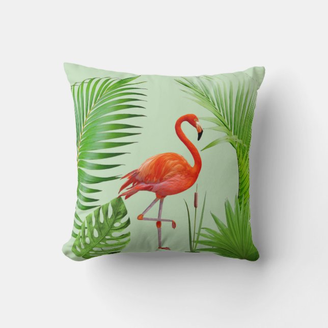 Coussin Flamant rose rouge et palme tropicale Feuilles sur (Recto)