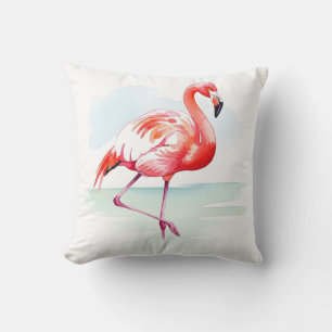 Coussin Flamant Rose Tropical Aquarelle Décoratif
