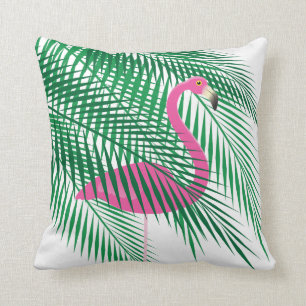 Coussin Flamant rose tropical caché dans les palmettes su