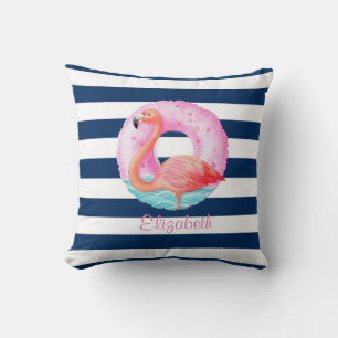Coussin Flamants roses chic flotteurs de piscine rayés ble