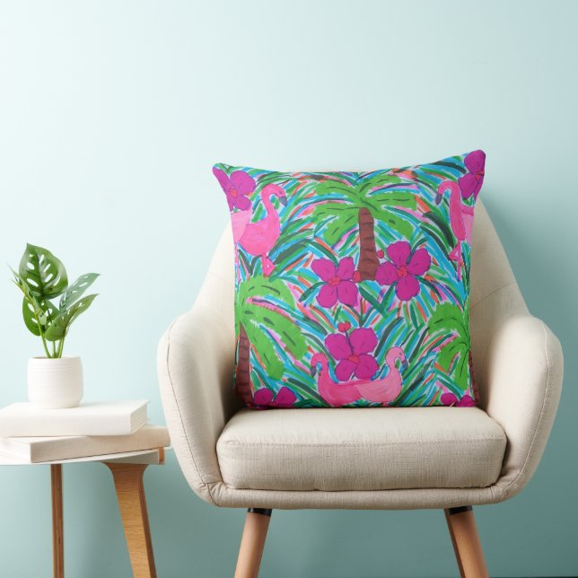 Coussin Flamants roses de beach party et palmiers Jeter l' (Chaise)