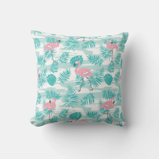 Coussin flamants roses, feuilles de palmiers verts, tropic