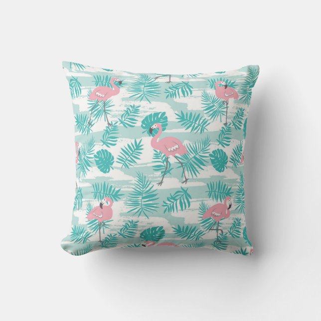 Coussin flamants roses, feuilles de palmiers verts, tropic (Recto)