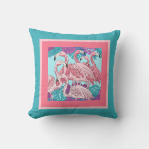 Coussin Flamants roses fins sur le rose et la menthe