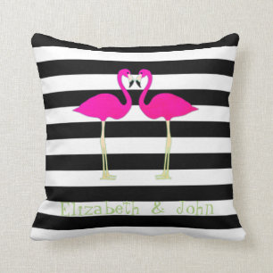 Coussin Flamants roses personnalisés, rayures noires et bl