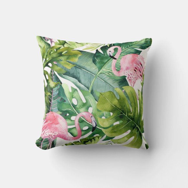 Coussin Flamants roses roses et palme tropicale Feuilles (Recto)