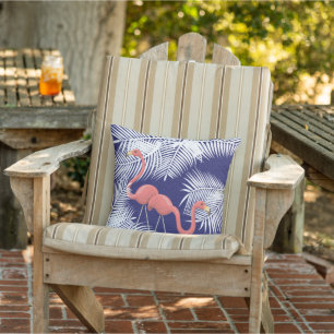 Coussin Flamants roses roses sur  bleu marine et Feuilles 