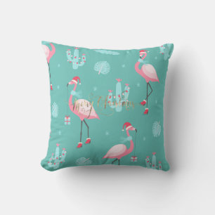 Coussin Flamants roses Santa Hat présente des flocons de n