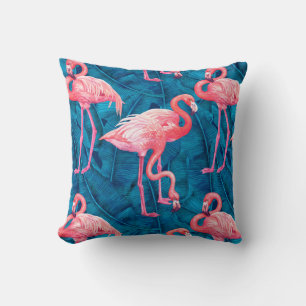 Coussin Flamants roses sur feuilles de bananes bleues