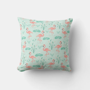 Coussin Flamants roses Vert Tropical Oiseaux