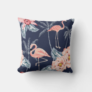 Coussin Flamingo rose, palmiers, rose, fleur d'orchidées,
