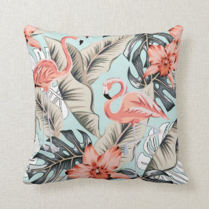 Coussin Flamingo rose tropicale avec fleurs d'orchidées et