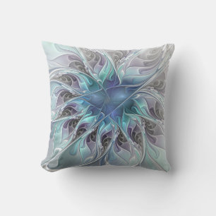 Coussin Fleur Abstraite Fractale Moderne Avec Bleu