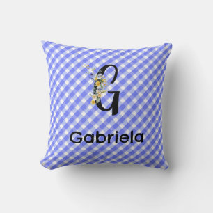 Coussin Fleur aquarelle monogramme motif gingham bleu