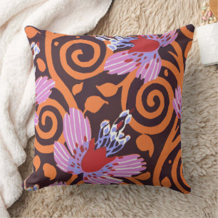Coussin Fleur Art Déco tourbillonnante rose et orange vibr