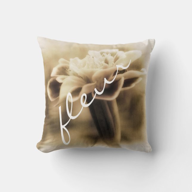 Coussin fleur avec texte français sepia nature photo art (Recto)