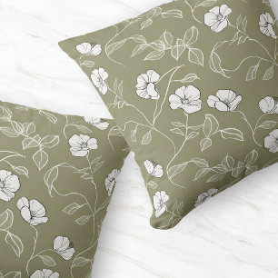 Coussin Fleur blanche d'art en ligne de florale vert olive