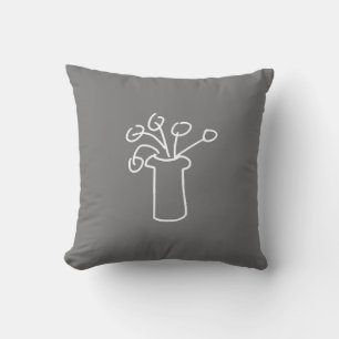 Coussin Fleur blanche moderne simple contour art sur gris