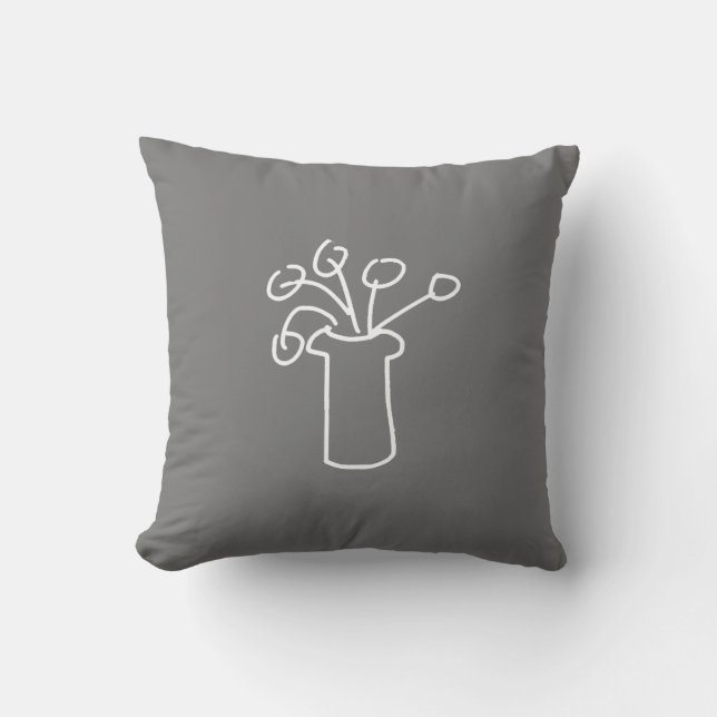 Coussin Fleur blanche moderne simple contour art sur gris (Recto)