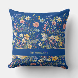 Coussin Fleur botanique personnalisée bleu cobalt
