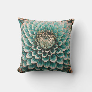 Coussin Fleur Dahlia en Art numérique bleu Aqua Turquoise