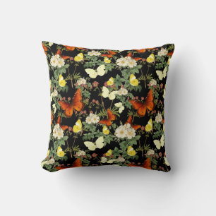 Coussin Fleur d'Apple et papillons Arrière - plan noir