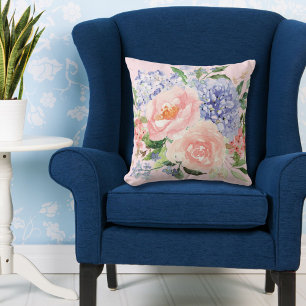 Coussin Fleur d'aquarelle bleue rose Hydrangea Pivoine Flo