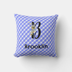 Coussin Fleur d'aquarelle de monogramme en vichy motif ble