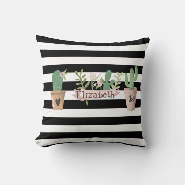 Coussin Fleur de cactus rayures noir et blanc   (Recto)